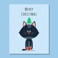 A Christmas postcard with a dark cat with a decoration on its head and red socks. Hand draw, cartoon. vector