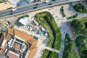 Ariel Footage of Attractive Tourist Destination at Bournemouth City Sandy Beach and Ocean of England Great Britain, Aerial Footage Captured with Drone's Camera on August 23rd, 2023 During sunny Day. photo