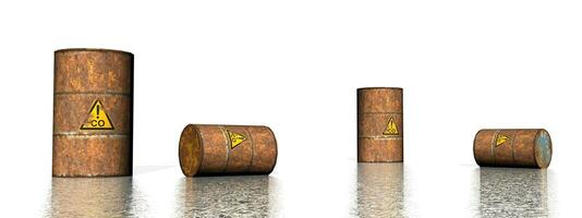 Four rusty carbon monoxide barrels - 3D render photo