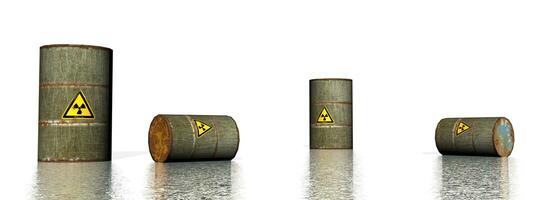 Four grey metallic toxic logo barrels - 3D render photo