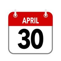 30 April, calendar date icon on white background. vector