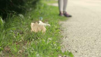 a girl is picking trash in the grass with a brown paper bag video