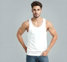 Young man wearing blank white tank top mockup print presentation mockup ai generate photo