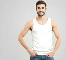 Young man wearing blank white tank top mockup print presentation mockup ai generate photo