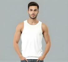 Young man wearing blank white tank top mockup print presentation mockup ai generate photo