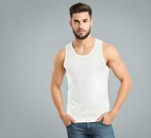 Young man wearing blank white tank top mockup print presentation mockup ai generate photo