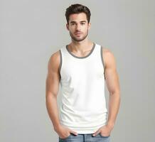 Young man wearing blank white tank top mockup print presentation mockup ai generate photo