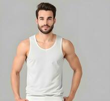 Young man wearing blank white tank top mockup print presentation mockup ai generate photo