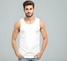 Young man wearing blank white tank top mockup print presentation mockup ai generate photo