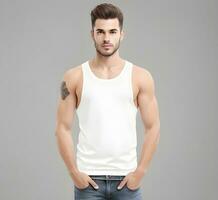 Young man wearing blank white tank top mockup print presentation mockup ai generate photo