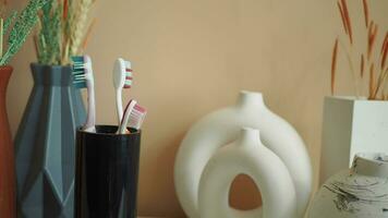 colorful toothbrushes in white mug against a wall video