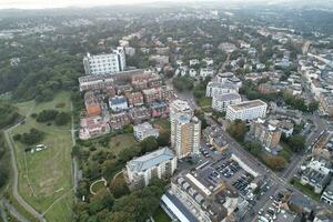 Beautiful Aerial Footage of British Tourist Attraction at Sea View of Bournemouth City of England Great Britain UK. High Angle Image Captured with Drone's Camera on September 9th, 2023 During Sunset photo