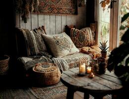 Cozy interior in the Bohemian style, created with generative AI photo