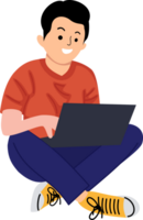 smiling cheerful young man wearing casual clothes using laptop sitting on floor png