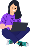 smiling cheerful young woman wearing casual clothes using laptop sitting on floor png