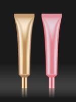 Empty and clean tubes for gel, care cream or essence. Set of blank template of realistic containers for cosmetic products in gold and silver pink colors on black background. vector illustration EPS10.