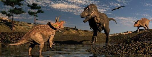 Dinosaur scenery with tyrannosaurus and triceratops - 3D render photo