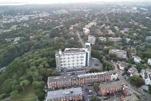 Beautiful Aerial Footage of British Tourist Attraction at Sea View of Bournemouth City of England Great Britain UK. High Angle Image Captured with Drone's Camera on September 9th, 2023 During Sunset photo