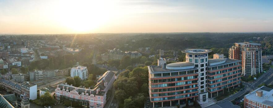 Aerial Panoramic View of British Tourist Attraction at Sea View of Bournemouth City of England Great Britain UK. High Angle Image Captured with Drone's Camera on September 9th, 2023 During Sunset photo