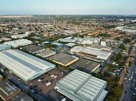 Aerial View of Residential Real Estate with Industrial Estate Combined District of North of Luton City of England, Great Britain, UK.  Footage Was Captured with Drone's Camera on September 7th, 2023 photo