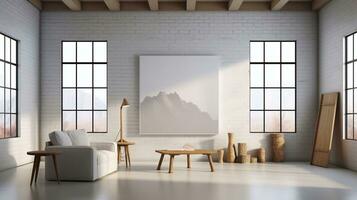 Interior of modern living room with white brick wall, sofa and coffee table. Mock up poster. 3d rendering Generative AI photo