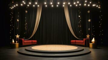 Podium and golden stars on the stage party function celebration day Generative AI photo