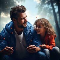 contento familia Cocinando juntos. padre y hija o hijo amoroso teniendo divertido a hogar. generativo ai foto