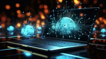 Laptop with abstract global network hologram in office on blurry background 3D rendering Generative AI photo