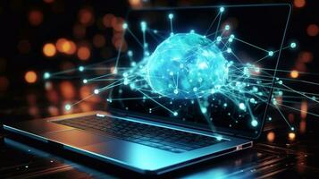 Laptop with abstract global network hologram on blurry background 3D rendering Generative AI photo