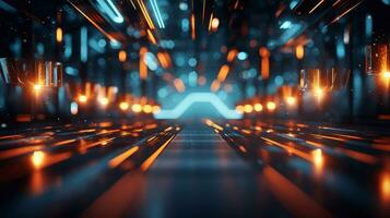 Futuristic corridor city road with neon lights and reflections 3D rendering background Generative AI photo
