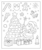 Coloring page of a decorated Christmas tree with gifts. Vector black and white illustration on white background.