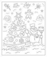 Coloring page of a decorated Christmas tree with gifts. Vector black and white illustration on white background.