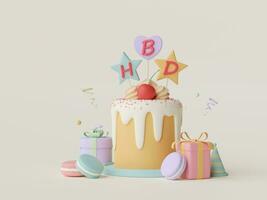 cumpleaños pastel para celebracion fiesta con regalo caja y macarrón, contento cumpleaños, 3d ilustración foto
