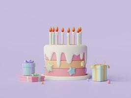 Birthday cake for celebration party with gift box, Happy Birthday, 3d illustration photo