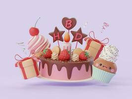 cumpleaños pastel para celebracion fiesta, vela, magdalena, fresa, regalo caja, contento cumpleaños, 3d ilustración foto