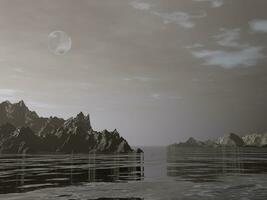 Night fantasy lansdcape with cliffs, moon and water - 3D render photo