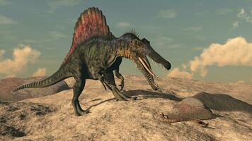 Spinosaurus dinosaurio caza un serpiente - 3d hacer foto