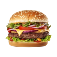 Tasty beef burger with cheese and salad on transparent background AI generated png