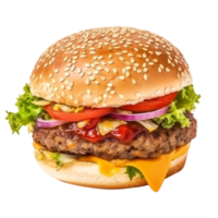 sabroso carne de vaca hamburguesa con queso y ensalada en transparente antecedentes ai generado png