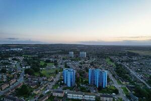 Aerial View of Residential Real Estate Homes at East of Luton City of England, Great Britain. Footage Was Captured with Drone's Camera on August 19th, 2023 During Sunset Time. photo