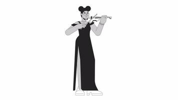 Solo violinist female bw outline cartoon animation. Violin bow holding 4K video motion graphic. Black adult woman symphony fiddler 2D monochrome linear animated character isolated on white background