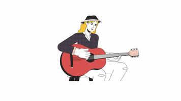 Guitarist girl plucking strings on acoustic guitar line 2D character animation. Play flat color cartoon 4K video, alpha channel. European woman holding instrument animated person on white background video