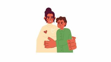 Latino mom teen son hugs 2D characters animation. Grateful thank you flat cartoon 4K video, transparent alpha channel. Hispanic mother embracing consoling boy animated people on white background video