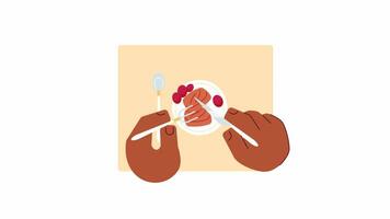 Eating cranberry roast turkey meal cartoon animation. Cutlery holding. Thanksgiving dinner plate 4K video motion graphic. Fork knife cutting meat 2D color animated hands isolated on white background