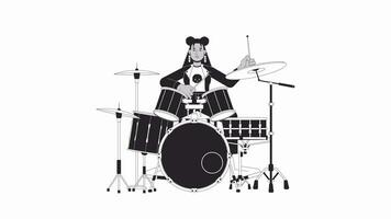Female drummer rocker bw outline cartoon animation. Rocker rockstar 4K video motion graphic. Hispanic woman in punk rock clothes 2D monochrome linear animated character isolated on white background