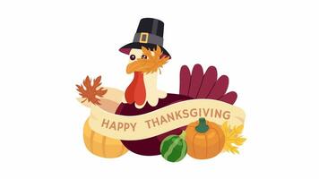 Fall thanksgiving pilgrim turkey 2D animation. Harvest festival celebration 4K video motion graphic. Countryside bird with falling leaves autumn color animated cartoon flat concept, white background