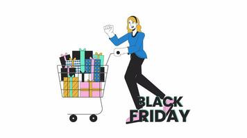 Holiday shopping line 2D animation. Female shopper pushing shopping cart 4K video motion graphic. Run to shop. Pre black friday weekend linear animated cartoon flat concept, white background