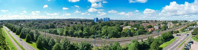 Aerial Wide Angle Panoramic View of North Luton City Residential Estate of England Great Britain UK. The High Angle Footage Was Captured with Drone's Camera on August 15th, 2023 photo