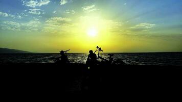 silhouette de personnes près du bord de mer au coucher du soleil video