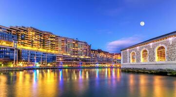 BFM, buildings and Rhone river, Geneva, Switzerland, HDR photo